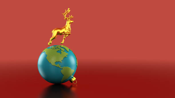 3D Illustration of Golden Reindeer Leaping over Earth Christmas Ornament showing the Americas on Glossy Red Background with Merry Christmas Message stock photo