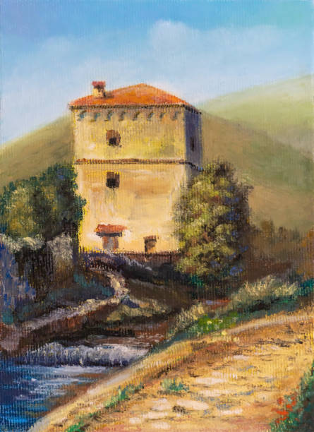 시골 풍경의 오래된 타워 하우스 - paintings canvas cottage painted image stock illustrations