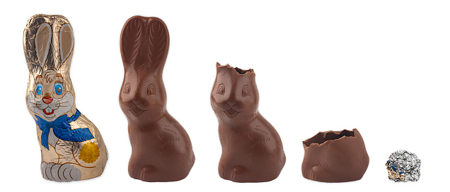 Collage of Chocolate Easter Bunny isolated on white background