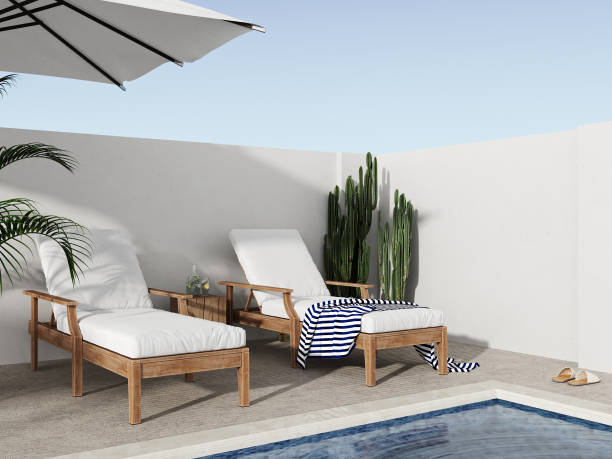 istock Sunbed, lemonade, palm leaf and swimming pool in backyard, summer concept, 3d rendering 1400328720