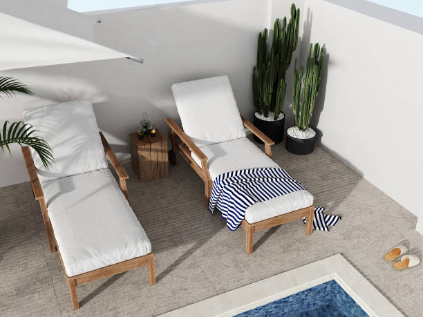 istock Sun bath with sun loungers and parasol, 3d rendering. 1400328721