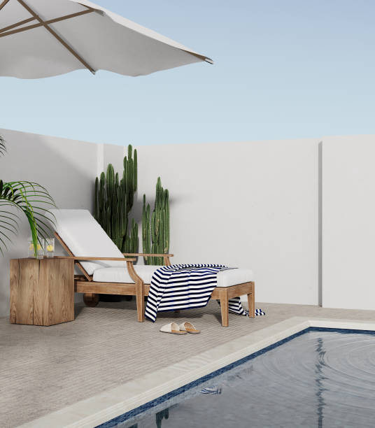 istock Lawn chairs overlooking backyard and swimming pool, 3d rendering 1400328723