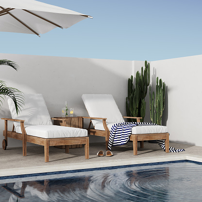 Modern terrace with swimming pool, lawn chairs, cactus and tile floor, white wall surrounded by nature, Mexican style 3d render