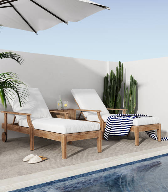 istock Summer terrace with sunbed, lemonade, cactus, palm and swimming pool, 3d rendering 1400328729