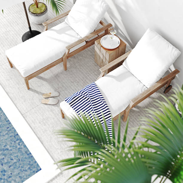 istock A luxury modern backyard with a swimming pool, sunbed and palm, 3d rendering 1400328732