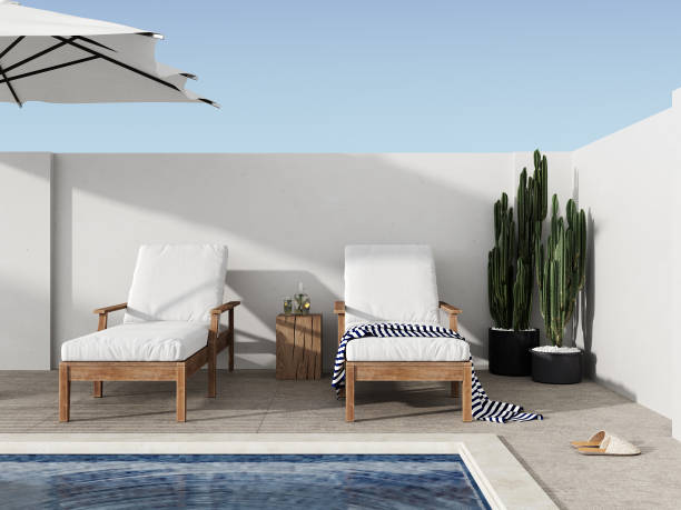 istock Lawn chairs overlooking backyard and swimming pool, 3d rendering 1400328781