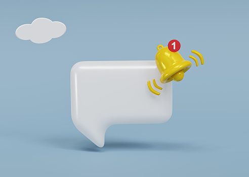 Speech bubble with notification bell and cloud on blue background, 3d rendering.