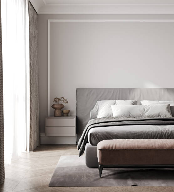 istock modern bedroom interior in gray tones with pink pouf, bedroom mock up, 3d rendering 1400329169