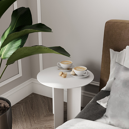 Closeup of coffee cup and sweets on the bedside table of bright bedroom interior, 3d rendering