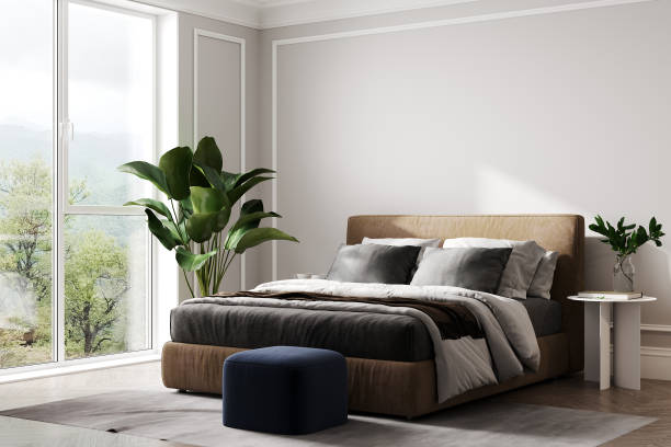 istock Home interior mock-up background, light beige bedroom with palm and blue pouf, 3d render 1400329182