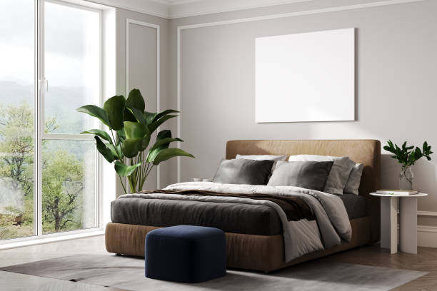istock Mock up poster in Bedroom, Scandinavian design, 3d render, 3d illustration 1400329183