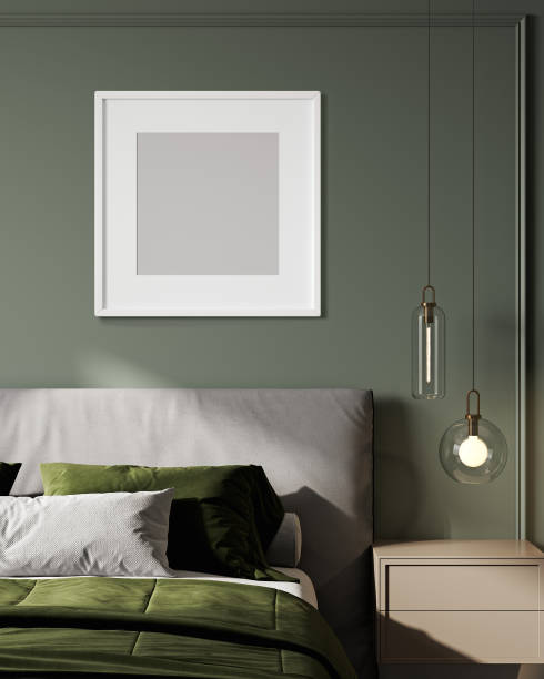 istock Square frame mockup in stylish bedroom interior, 3d rendering 1400329199