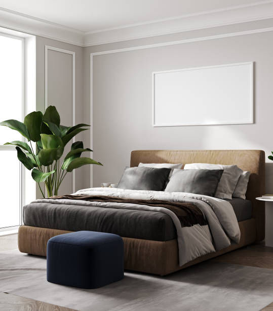 istock Scandinavian bedroom with bed, blue pouf, plant and a big art frame, 3d rendering 1400329214