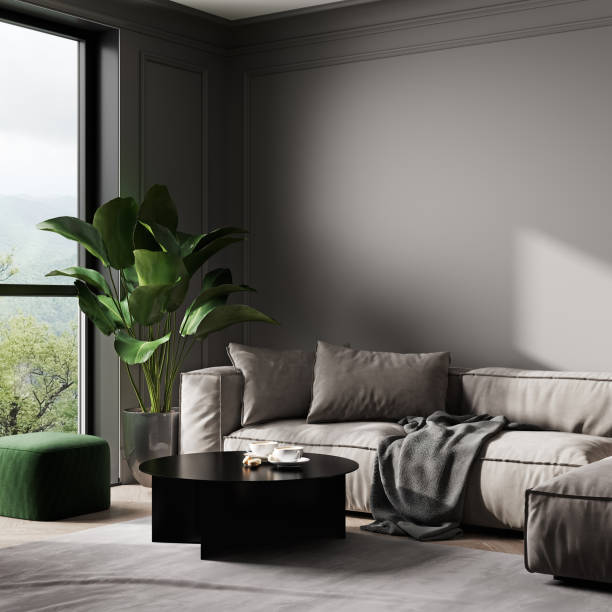 istock Luxury dark living room interior with gray sofa mock up, modern interior background, empty gray wall mockup, 3d illustration 1400329217