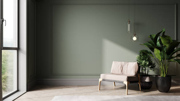 緑の壁と木製の床、ピンクのモダンなアームチェア付きの客室。明るい部屋のインテリアモックアップ。モックアップ用の空き部屋。3dレンダリング。 - vehicle interior green sofa indoors ストックフォトと画像