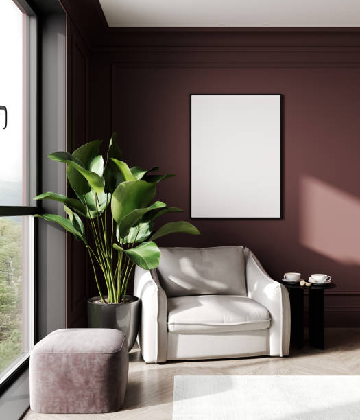 istock mock up poster frame in modern red interior background, living room, Scandinavian style, 3D render, 3D illustration 1400329224