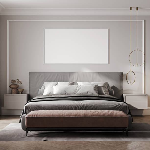 istock Scandinavian bedroom with bed, pink pouf, plant and a big frame, 3d rendering 1400329225
