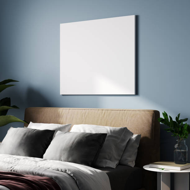 istock Bedroom interior in blue style, art canvas mockup, 3d rendering 1400329226