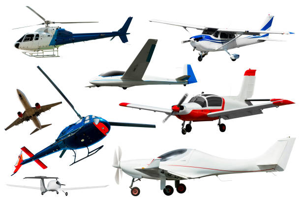 Collection of flying vehicles on white background