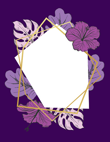 Hand drawn tropical leaves and flowers in botanical style in pink with geometric frames and room for your party text. Flat colors. Several layers for easer editing.