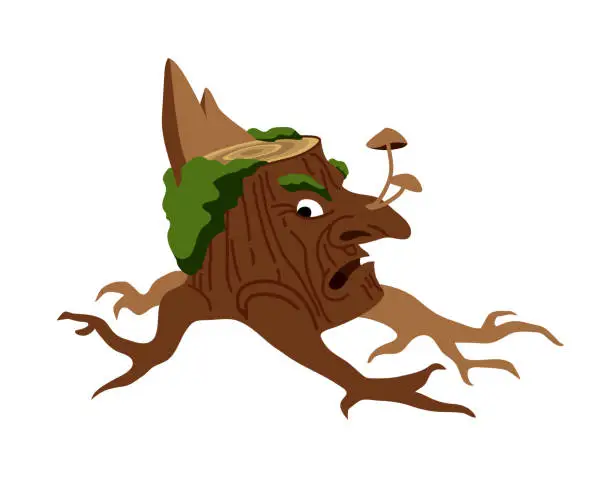 Vector illustration of A living old wooden stump. A fantastic character. The spirit of the forest.