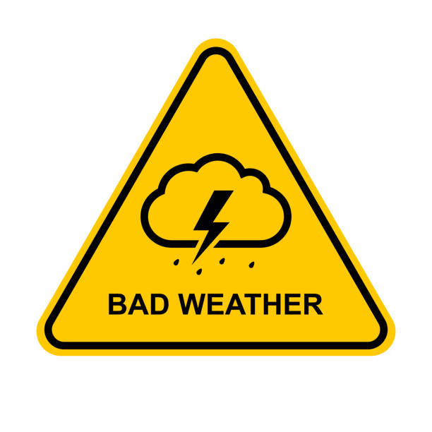 Bad weather Bad weather. Yellow bad weather warning sign. Downpour, rain, thunderstorm, lightning, hurricane, storm, typhoon, hail, wind, precipitation. Vector illustration. extreme weather stock illustrations
