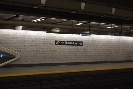 Manhattan, New York City, USA- May 17, 2022- The Cortlandt Street subway station at World Trade Center.