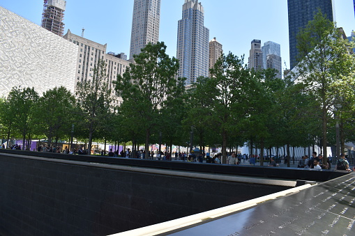Manhattan, New York City, USA- May 17, 2022- Part of the World Trade Center Memorial where One of the Buildings Once Stood Prior to the 9 11 Terrorist Attack on September 11, 2001.