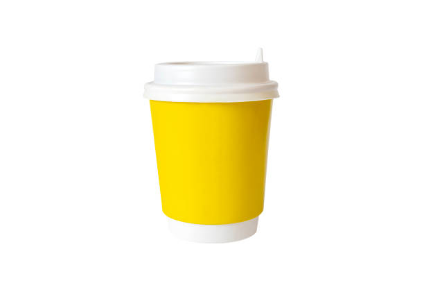 istock yellow paper coffee mug on a isolated white background. Empty space for text and design on a cup of coffee. The form for the name of the coffee or company or coffee shop 1400338689