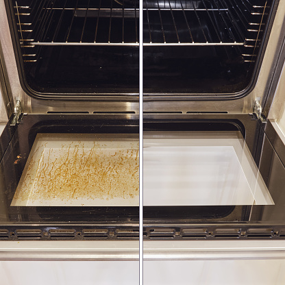 Horno sucio y limpio, antes y después de limpiar y lavar el vidrio de la estufa. Grasa lavada en la puerta de la ventana del horno, collage photo