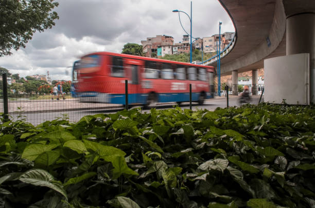 Bus captured in low speed movement on the street. City of Salvador, Bahia, Brazil.