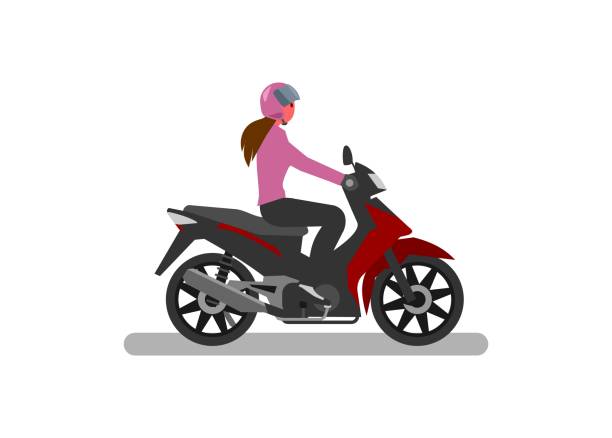 ilustrações de stock, clip art, desenhos animados e ícones de young woman riding motorcycle. side view. simple flat illustration. - woman in mirror backview