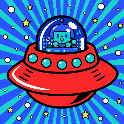 Cartoon Characters Design Vector Art Illustration. 
A cute girl astronaut is piloting an Unlimited Power Spaceship or UFO into the metaverse.
