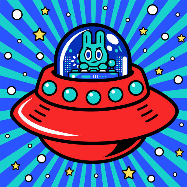 ilustraciones, imágenes clip art, dibujos animados e iconos de stock de un astronauta conejito genial está pilotando una nave espacial de poder ilimitado u ovni en el metaverso - robot manga style cute characters