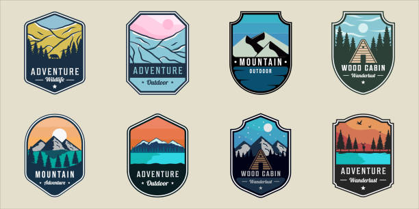 set von outdoor wildlife emblem logo vektor illustration vorlage symbol grafikdesign. bündelsammlung verschiedener abenteuer berghütte waldzeichen oder symbol für geschäftsreisen - nationalpark stock-grafiken, -clipart, -cartoons und -symbole