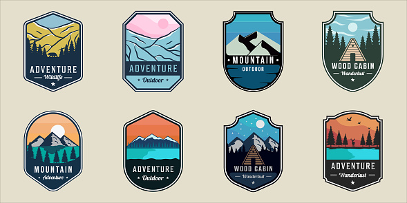 set of outdoor wildlife emblem  vector illustration template icon graphic design. bundle collection of various adventure mountain cabin forest sign or symbol for business travel