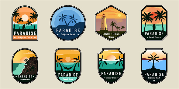 set of beach or island emblem  modern vintage vector illustration template icon graphic design. bundle collection of various nature concept sign or symbol for business travel adventure