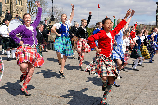 Ottawa, Canada - April 11, 2010:  Scottish Highland Dancers perform at the National Tartan Day celebration on Parliament Hill Ottawa, Ontario.