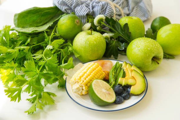 Creative image. Environmental protection cloth bag, green healthy fruit and vegetable group photo - stock photo