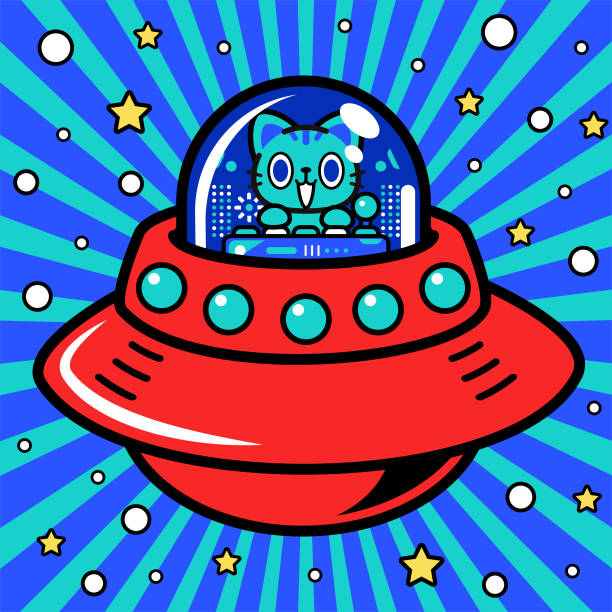 ilustrações, clipart, desenhos animados e ícones de um astronauta gato legal está pilotando uma nave espacial ilimitada ou ovni no metaverso - robot manga style cute characters