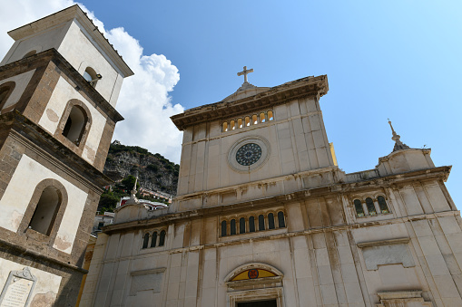 Positano, Italy - April 19, 2019: Exterior view of Church of Saint Mary of the Assumption in Positano.