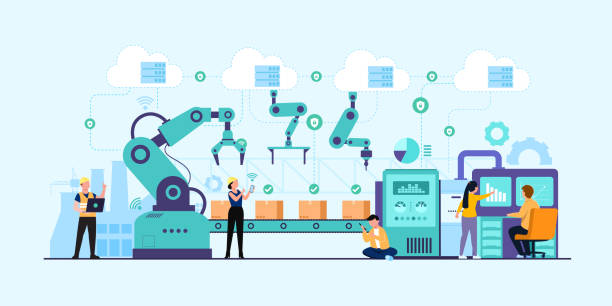 Industry 4.0 factory works robotic arm. Smart industrial revolution Industry 4.0 with programmer or human worker and robotic arm. Smart industrial revolution in factory process, Isolated flat vector illustration chain store stock illustrations