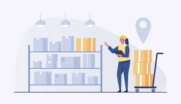 Vector illustration of Woman in warehouse checking inventory levels of goods on shelf. Lady workers in a hard hat and safety vest point finger looking up counting parcels and cardboard boxes in large storehouse. vector illustration