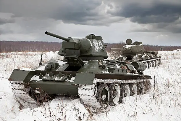 Legendary Russian Tanks T34 under a dramatic sky..