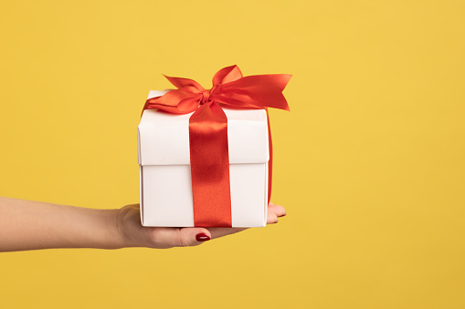 Closeup side view of woman hand holding out white gift box with red ribbon, giving present on holiday, bonuses and surprises concept. Indoor studio shot isolated on yellow background.