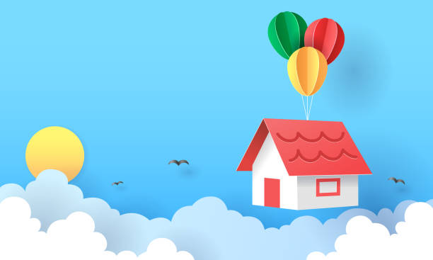 istock Paper art of house hanging with colorful balloon. 1400357092
