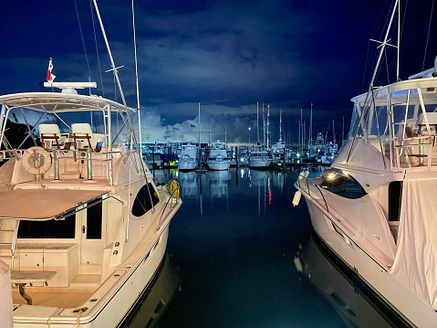 Night scene at yacht marina in Panama City