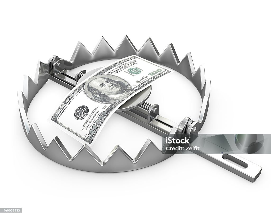 Paper 100 dollars in a bear trap 100 dollars in a bear trap, isolated on white background Bear Trap Stock Photo