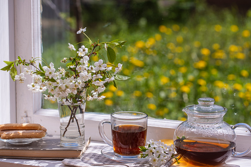 Delicious hot tea on the windowsill at home at summer day near garden, close up, copy space. Hot black tea in a glass teapot and cup