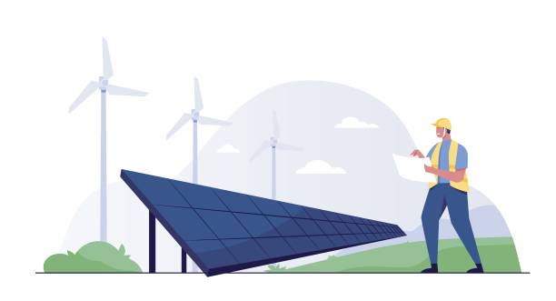 ilustrações, clipart, desenhos animados e ícones de conceito alternativo de energia limpa com turbinas eólicas e painéis solares. ilustração vetorial - solar panel wind turbine california technology